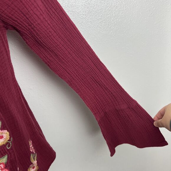 Andree by Unit Boho Blouse Women Small Maroon Floral Embroidered Long Sleeve Top - Picture 9 of 14
